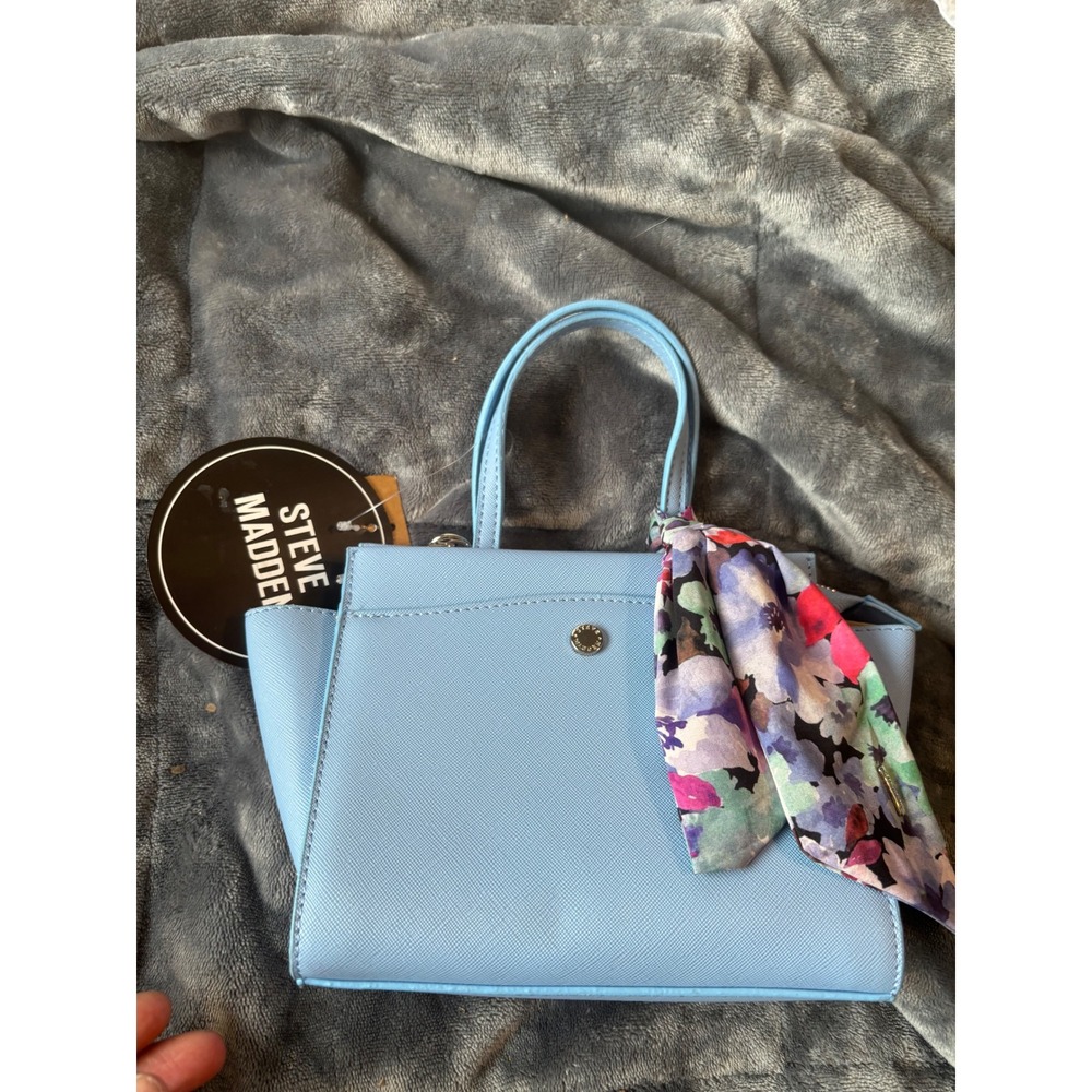 Steve Madden Womens Light Blue Saffiano Satchel Handbag Scarf Accent New